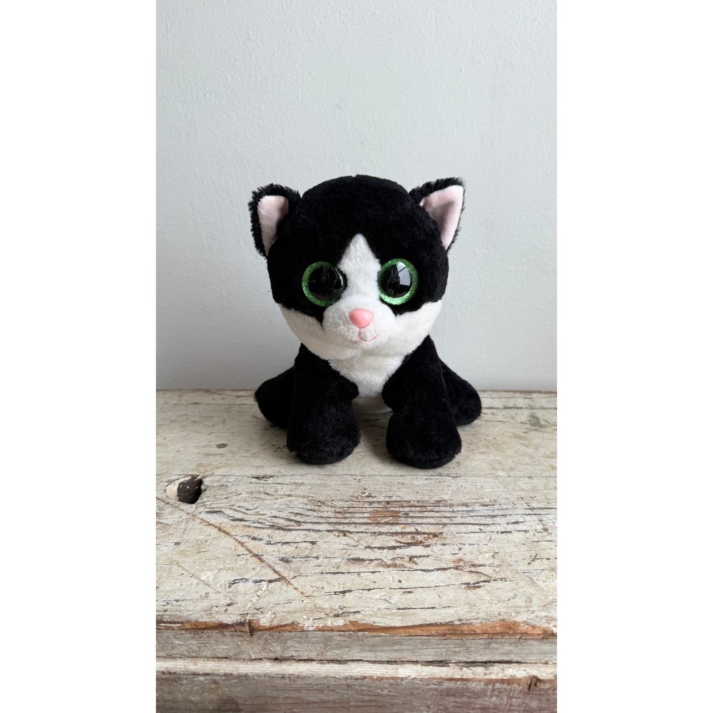 Ty Beanie Boos Ava Black White Cat Plush Large Green Glitter Eyes 10" - Picture 2 of 7